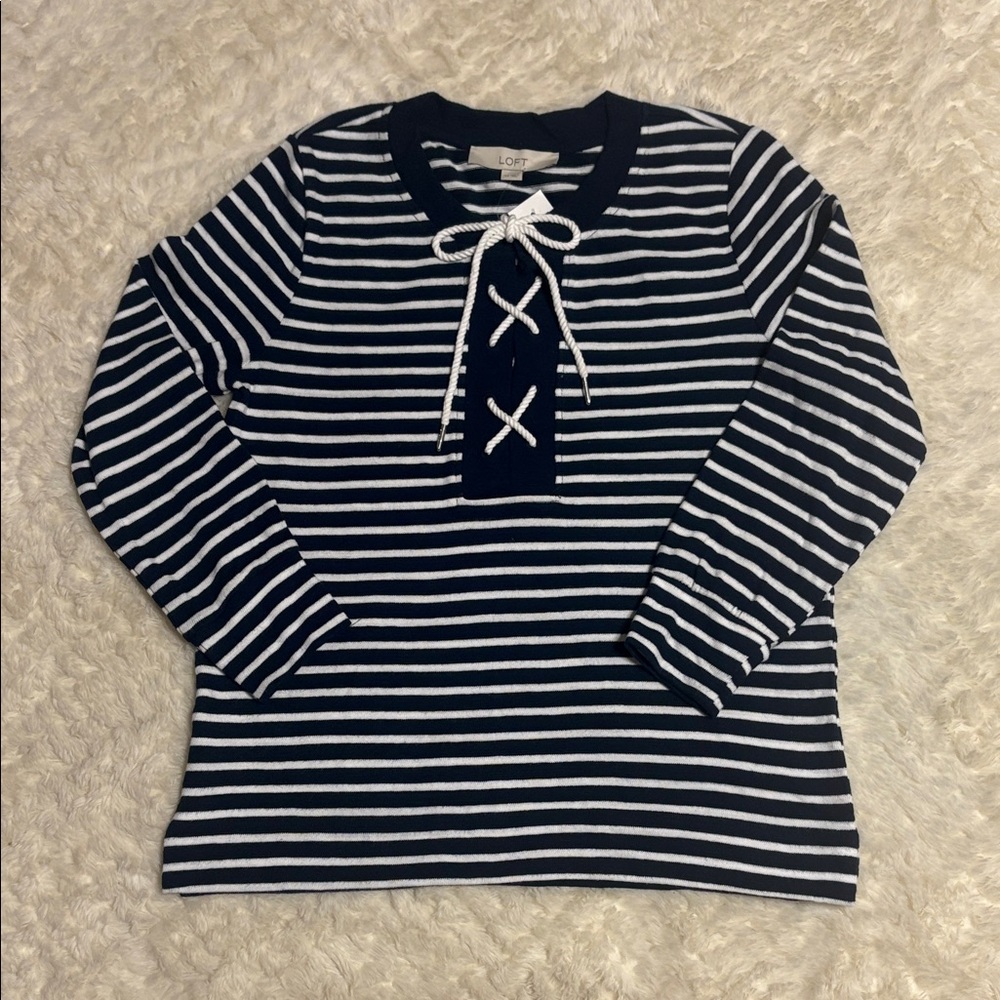 LOFT Striped Cotton Knit Top with Lace-Up Detail XS